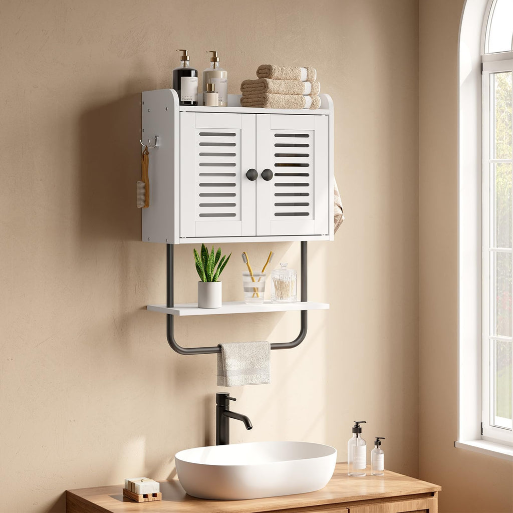 White Double Doors Bathroom Wall Cabinet with Towel Bar, Adjustable Shelf, 2 Hooks A4029