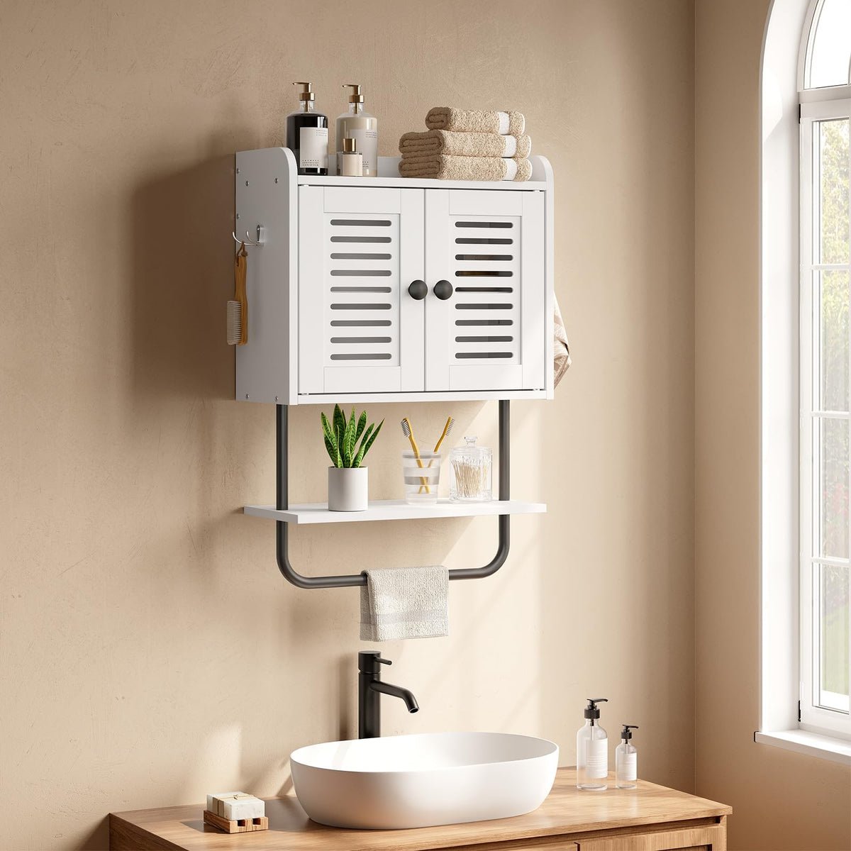 White Double Doors Bathroom Wall Cabinet with Towel Bar, Adjustable Shelf, 2 Hooks A4029