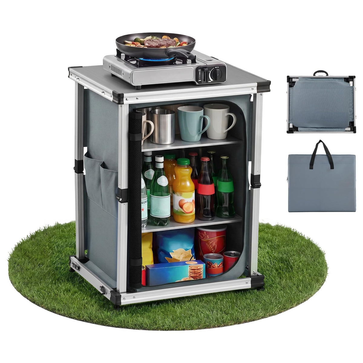 Folding Camping Storage Cabinet with 3 Shelves and Carry Bag P4384