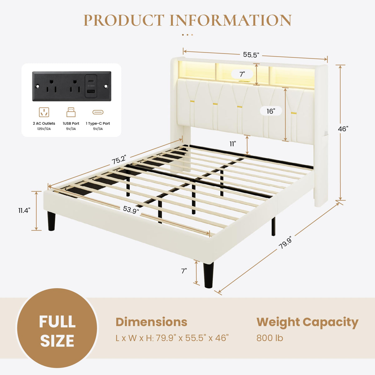 Full Size Bed Frame with 2-Tier Storage Headboard C40089