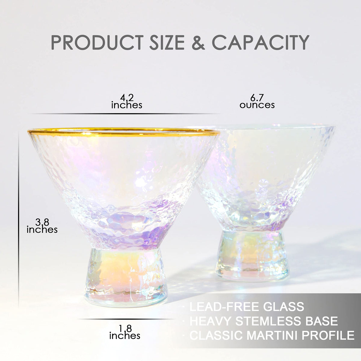 Stemless Martini Glasses Set of 2 Gold Rim S1570