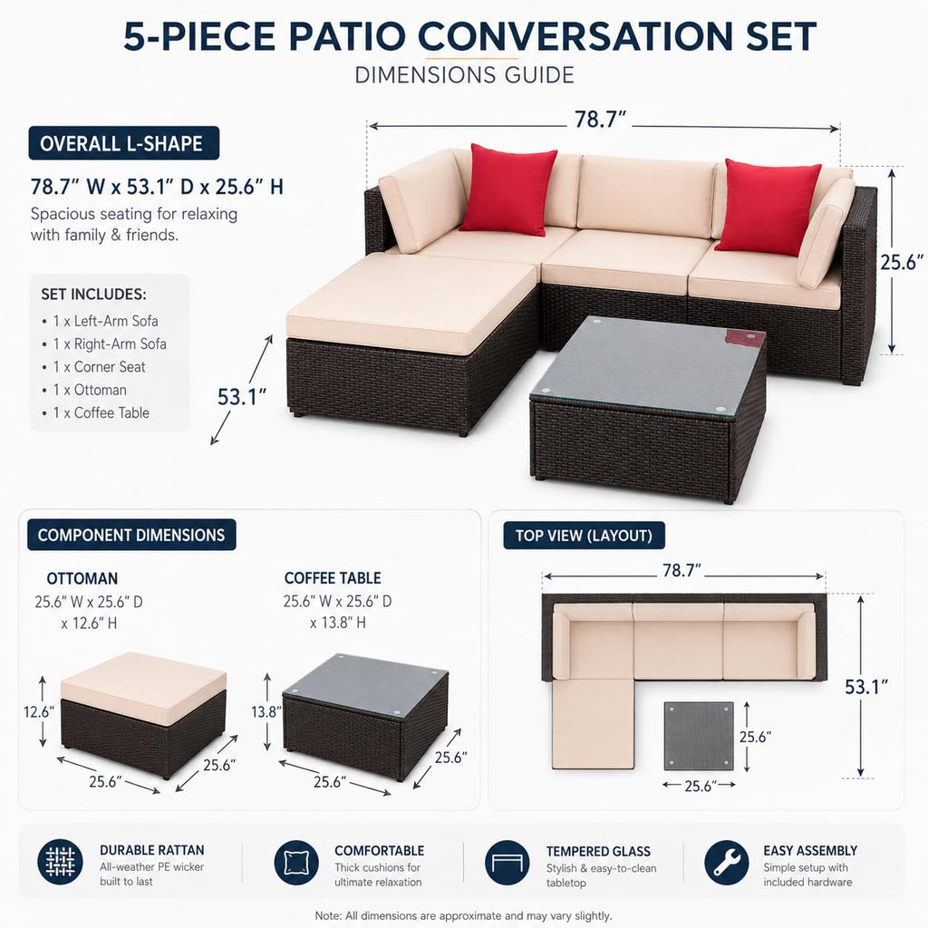 5-Piece Brown Wicker Outdoor Sofa Set with Cushions J532601