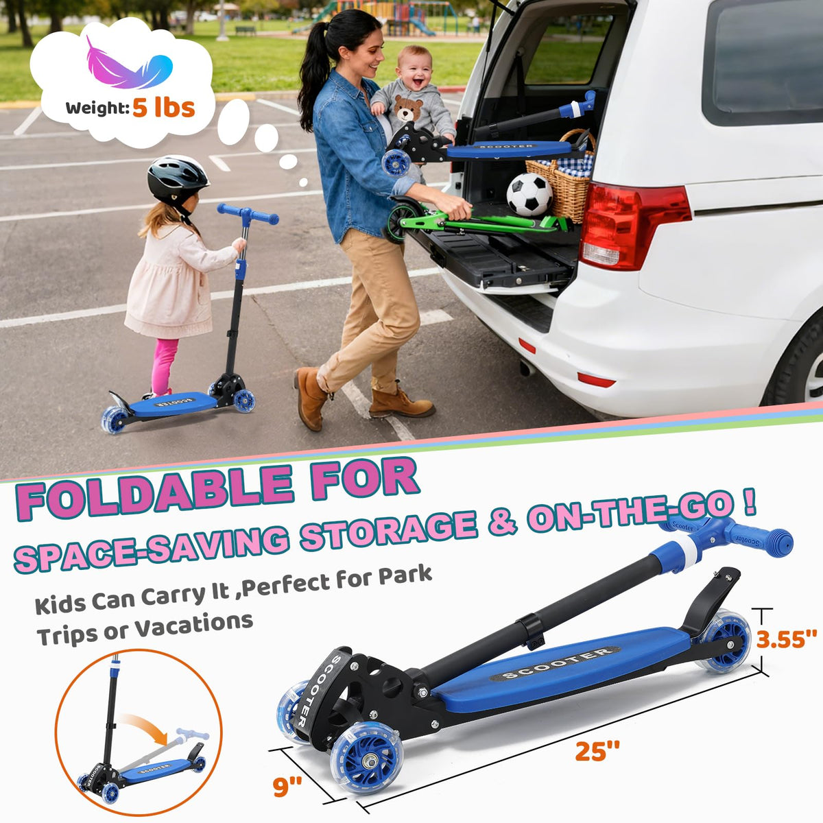 Kids 2-7 Age Light up 3 Wheels Folding Kick Scooter T61534