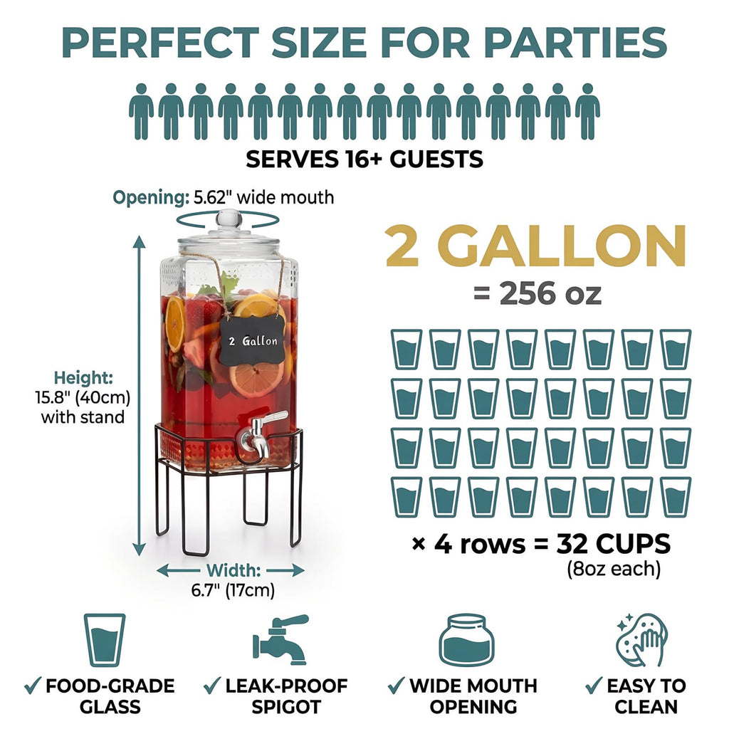 2 Gallon Glass Drink Dispenser with Stand and Glass Lid V9194