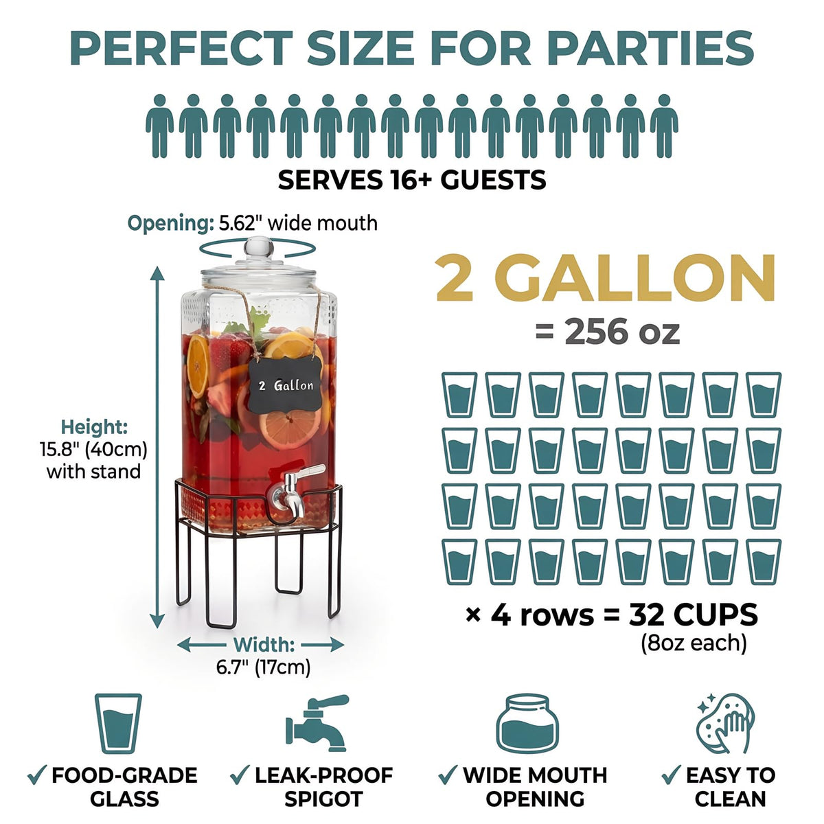 2 Gallon Glass Drink Dispenser with Stand and Glass Lid V9194
