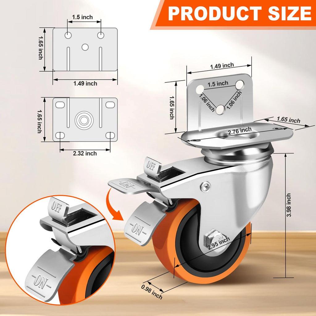 3 Inch Side Mount Casters Set of 4 with Brakes O2054