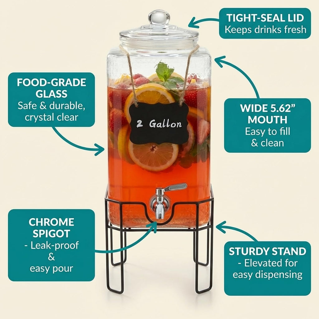 2 Gallon Glass Drink Dispenser with Stand and Glass Lid V9194