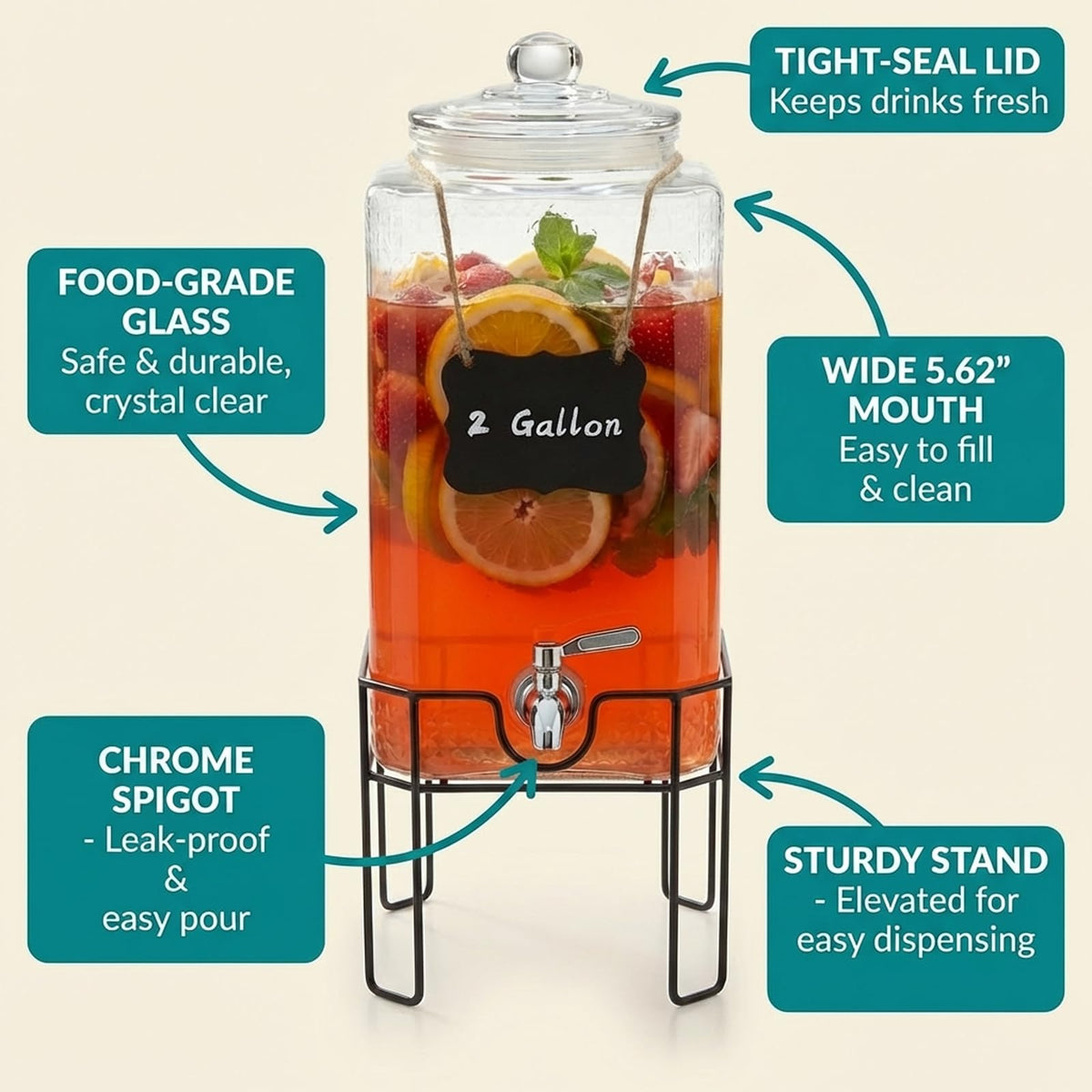 2 Gallon Glass Drink Dispenser with Stand and Glass Lid V9194