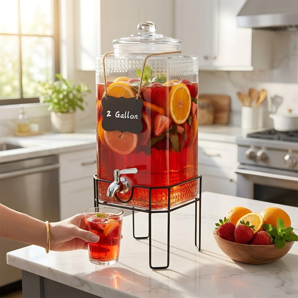 2 Gallon Glass Drink Dispenser with Stand and Glass Lid V9194