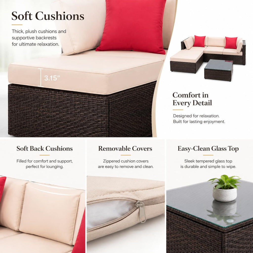 5-Piece Brown Wicker Outdoor Sofa Set with Cushions J532601