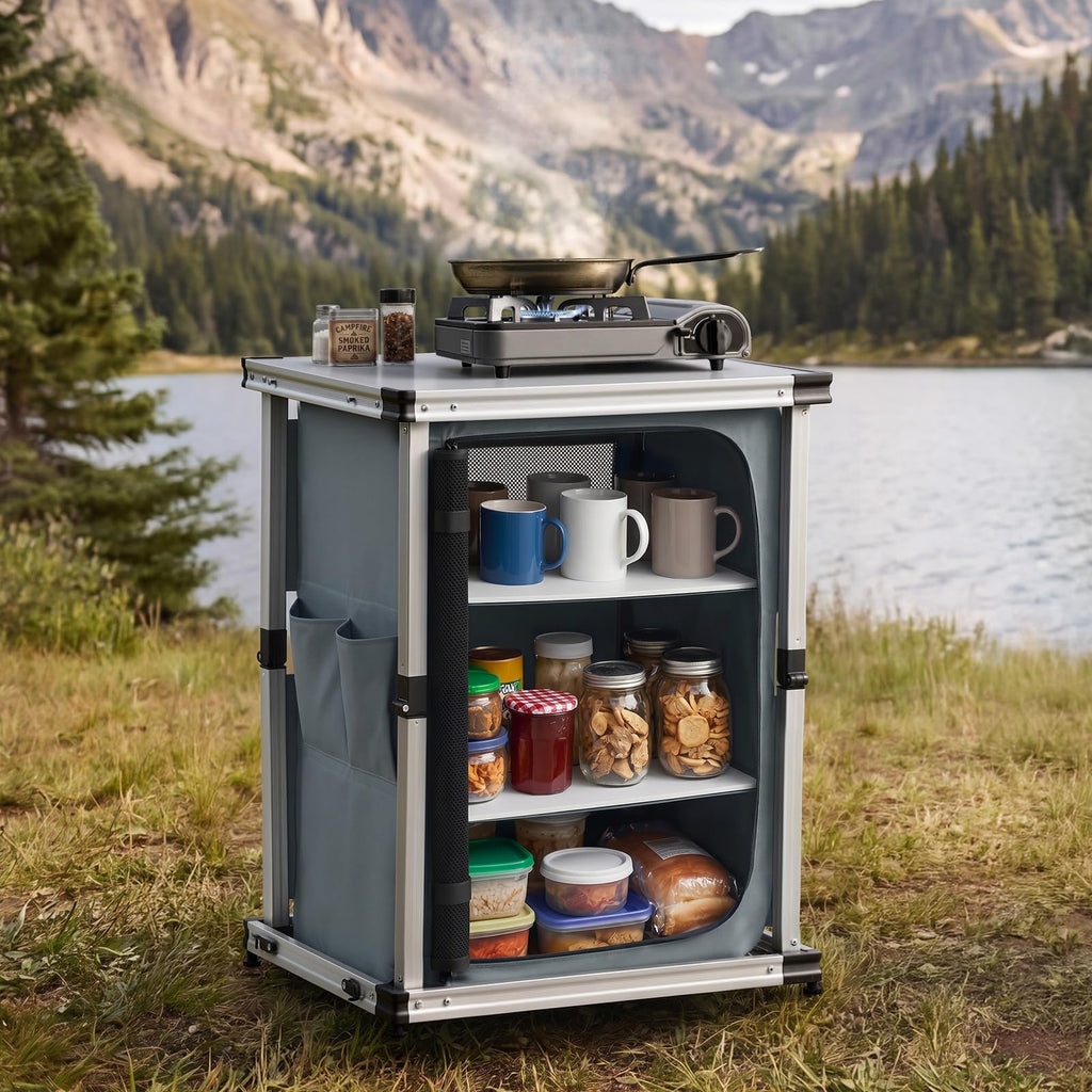 Folding Camping Storage Cabinet with 3 Shelves and Carry Bag P4384
