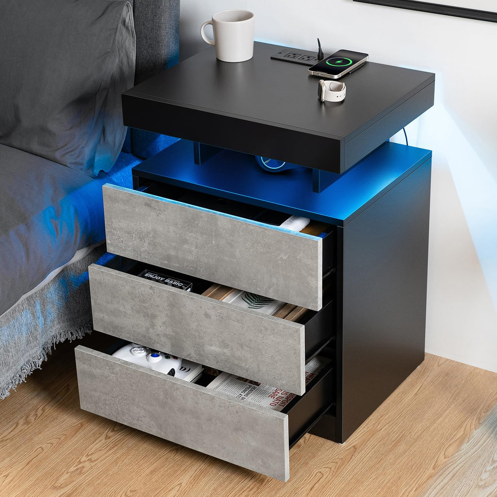 LED Nightstand with Wireless Charging Station & USB Ports, 3 Drawer High Gloss Gray C345111