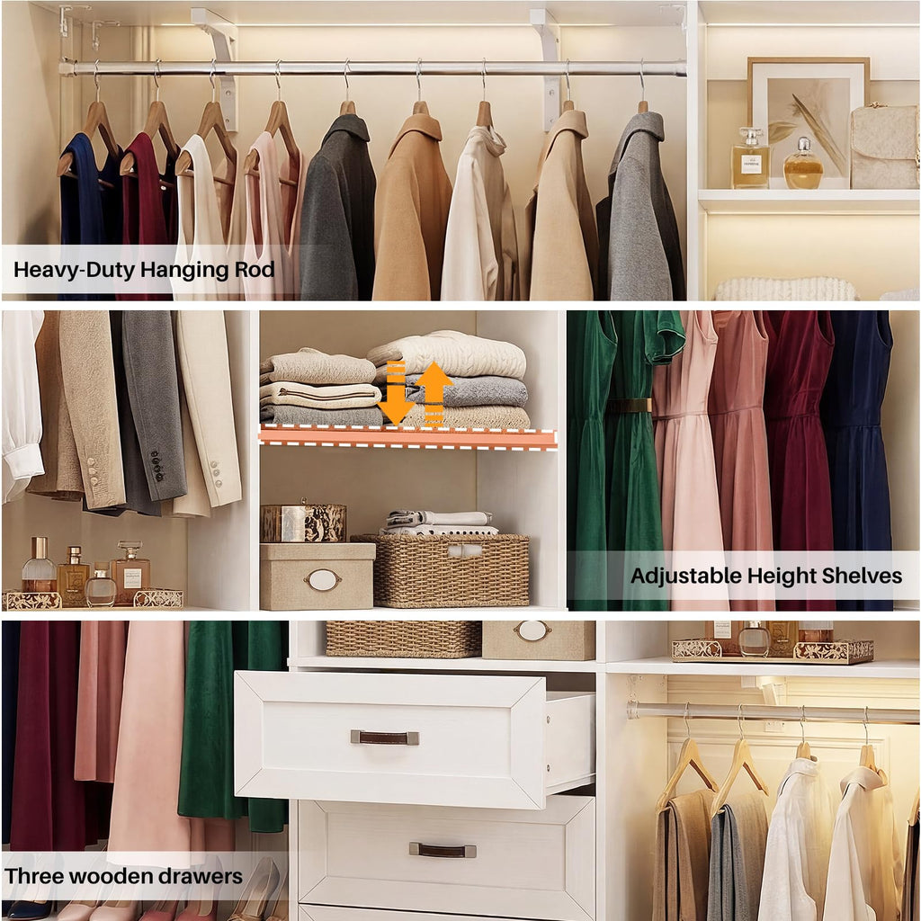 8FT White Wooden Closet System with 3 Drawers and 3 Hanging Rods Q150