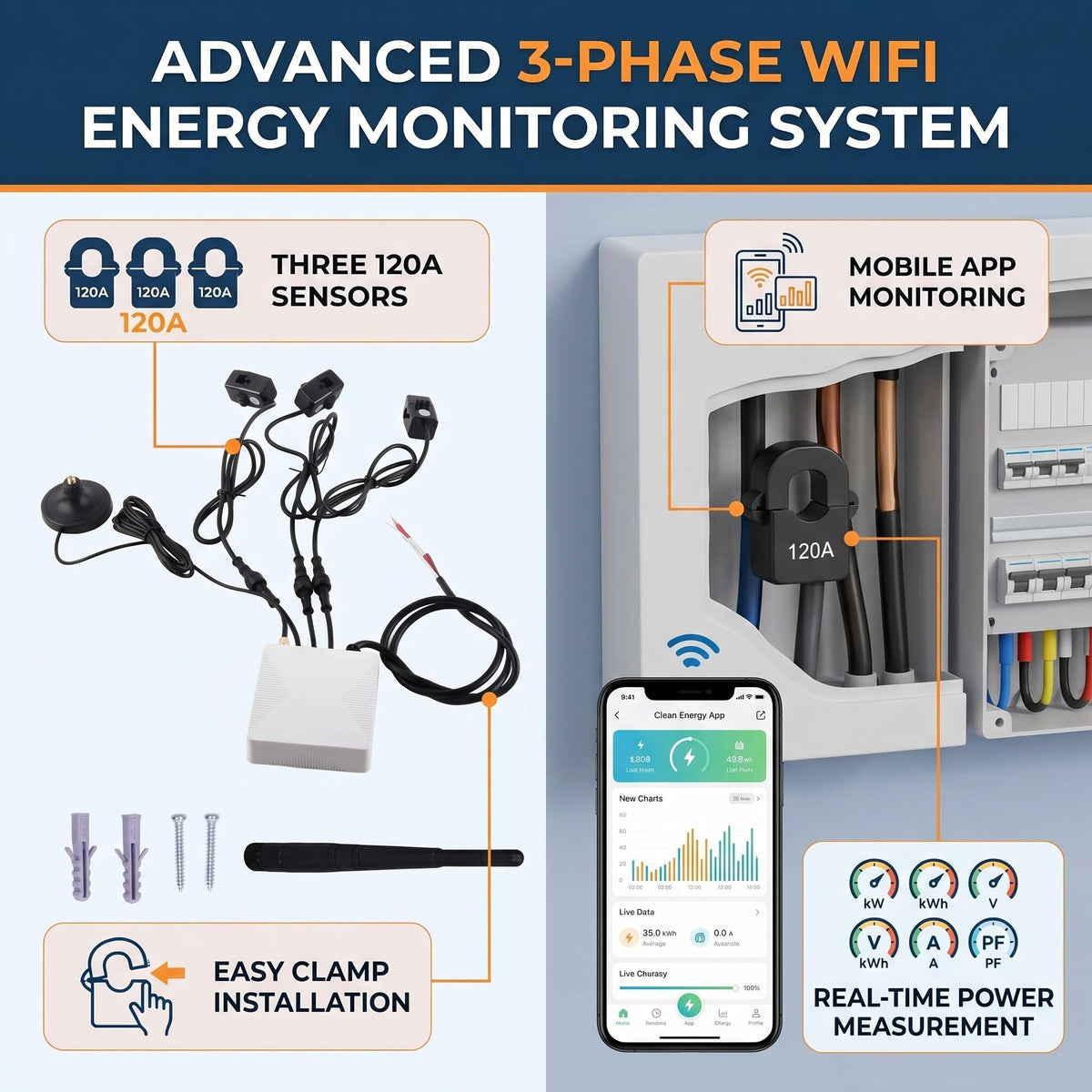 3 Phase Smart Electricity Power Monitor with 3 120A Circuit Level Sensor X7642