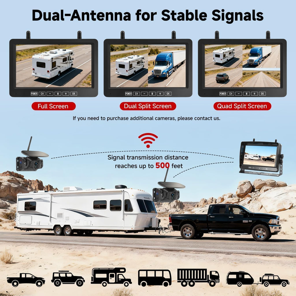 Dual Magnetic Wireless Backup Camera, 7” 1080P HD 4CH DVR Monitor H5617