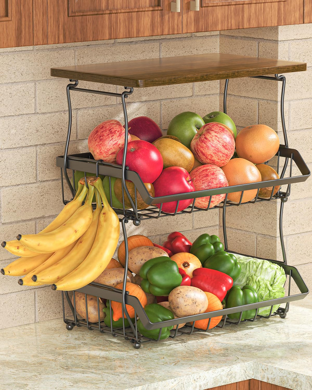 3 Tier Countertop Fruit Basket Bread Bowl with 2 Banana Hangers W197