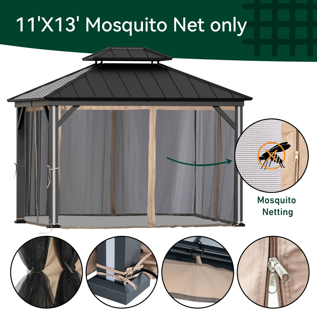 Outdoor Gazebo Mosquito Netting Replacement 4-Panel Sidewalls 11' x 13' R307