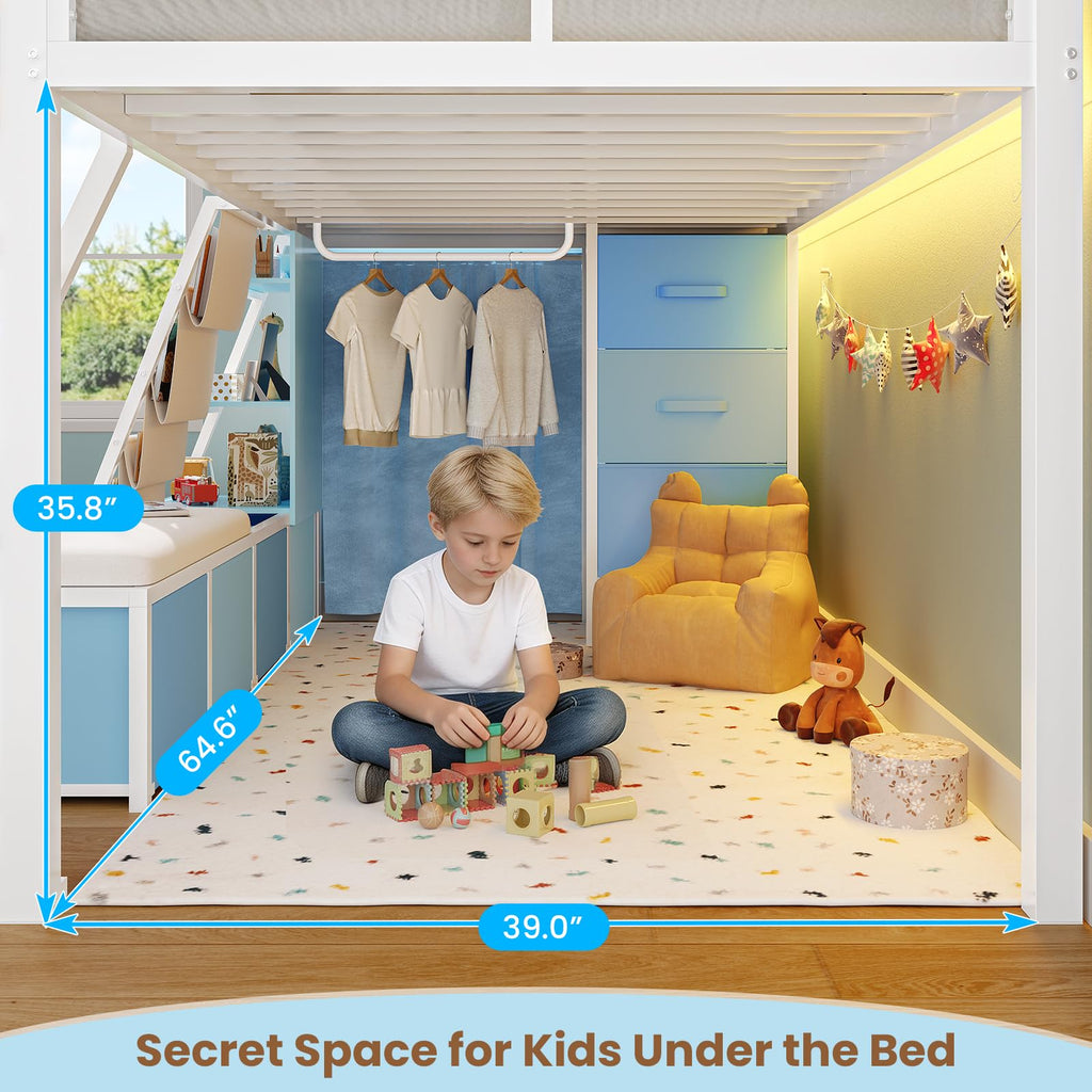 White & Blue Twin Loft Bed with 7 Storage Drawers W45122