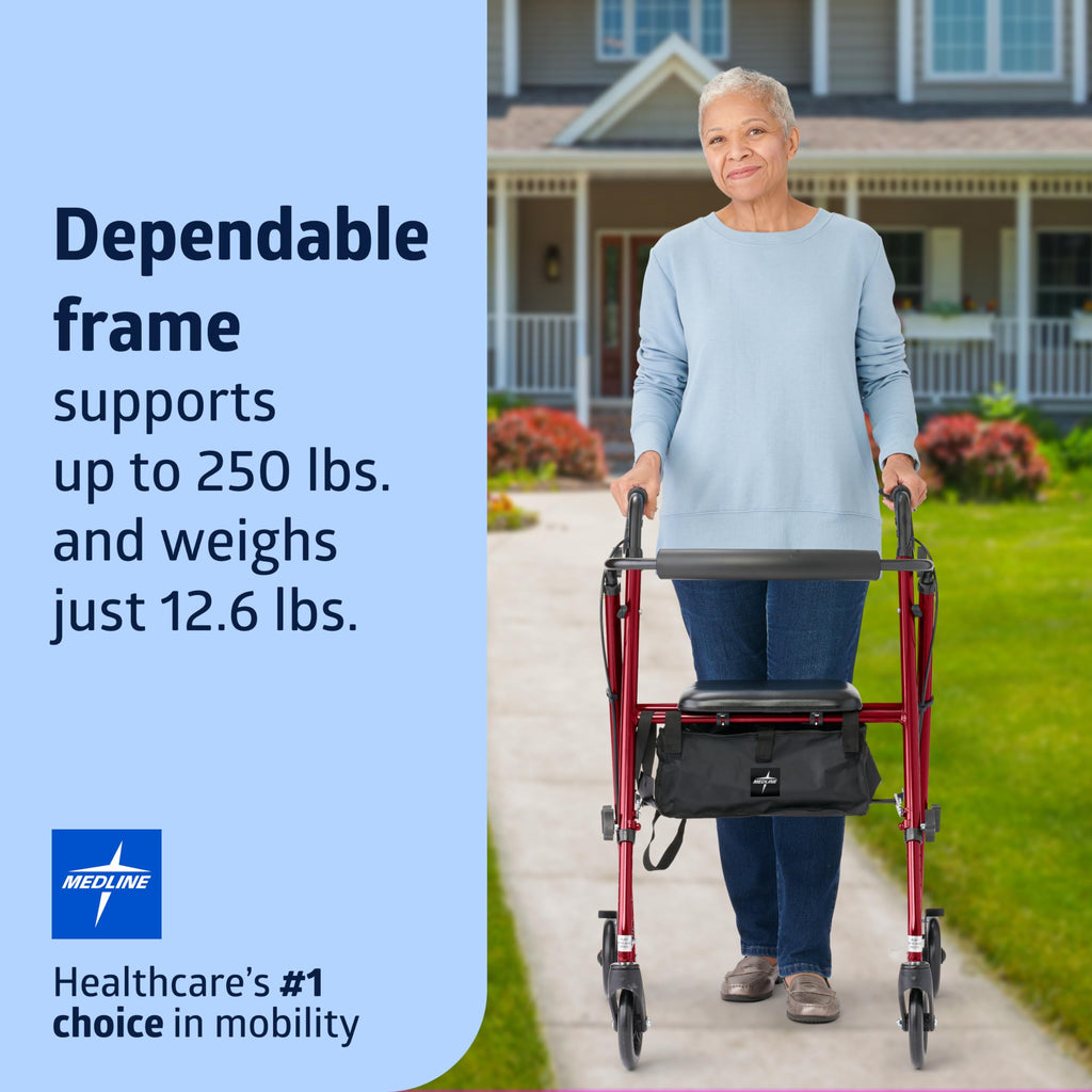 Lightweight Folding Aluminum Rollator Walker with 6-inch Wheels, Adjustable Seat and Arms, Burgundy U2538