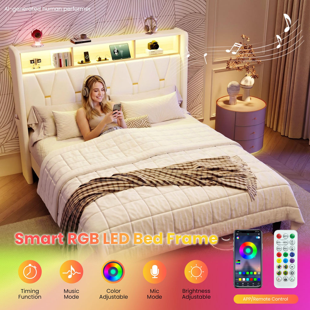 Full Size Bed Frame with 2-Tier Storage Headboard C40089