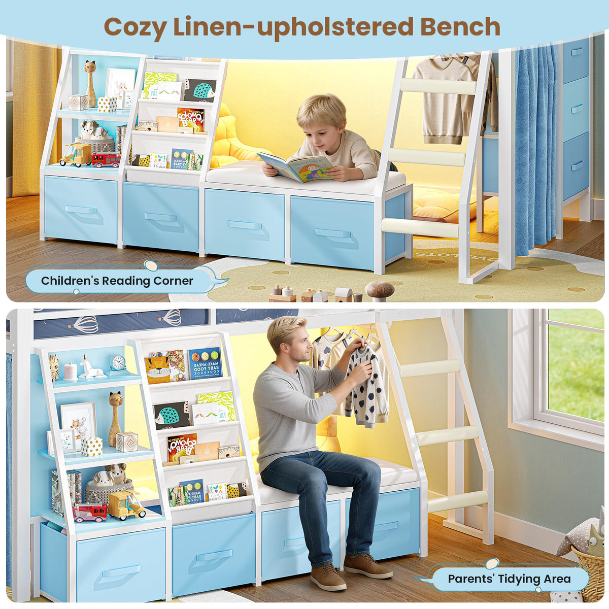 White & Blue Twin Loft Bed with 7 Storage Drawers W45122