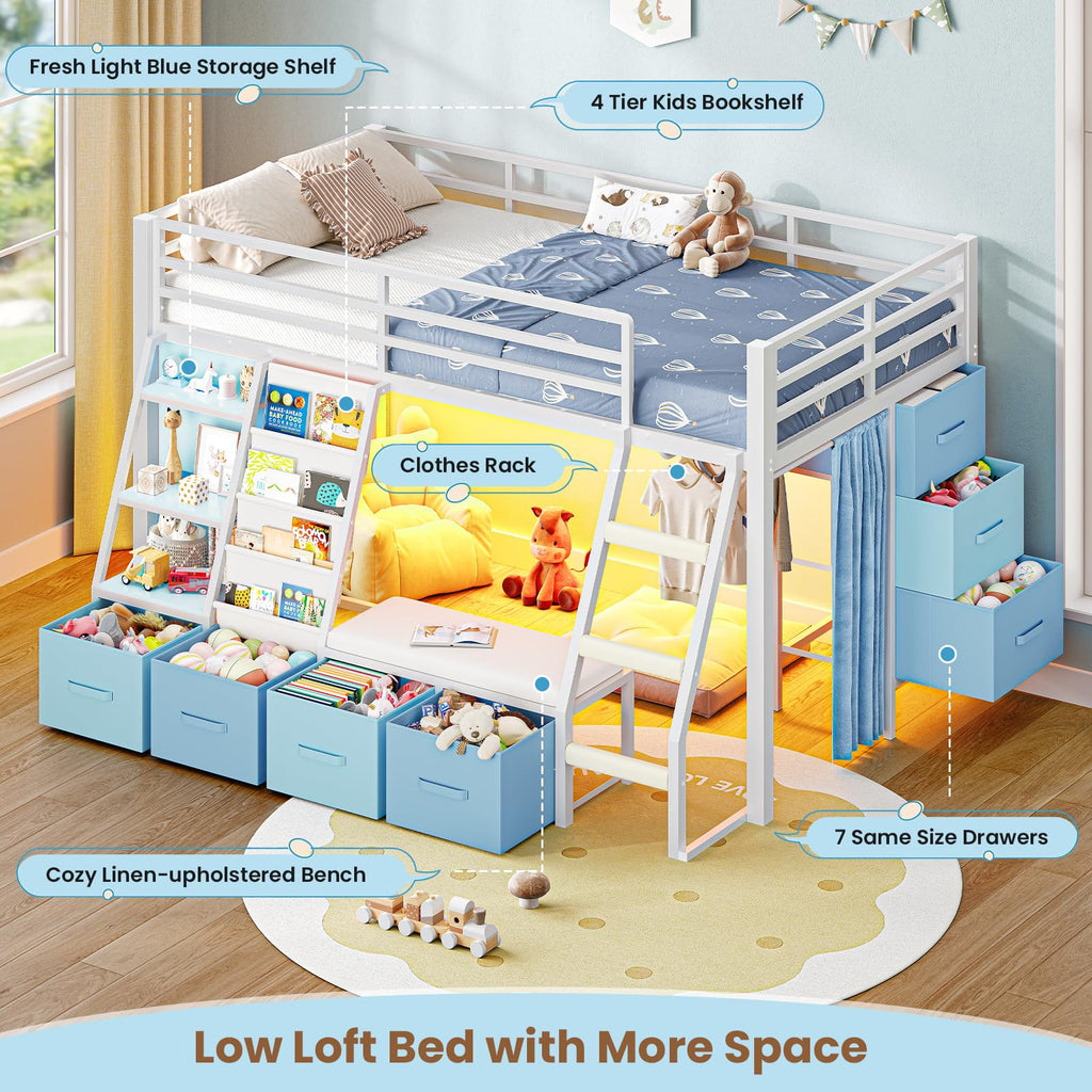White & Blue Twin Loft Bed with 7 Storage Drawers W45122