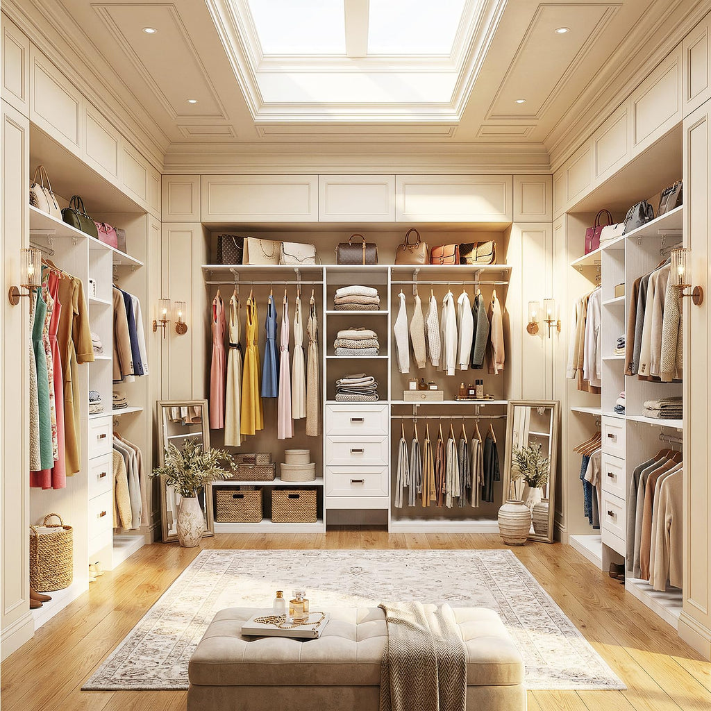 8FT White Wooden Closet System with 3 Drawers and 3 Hanging Rods Q150