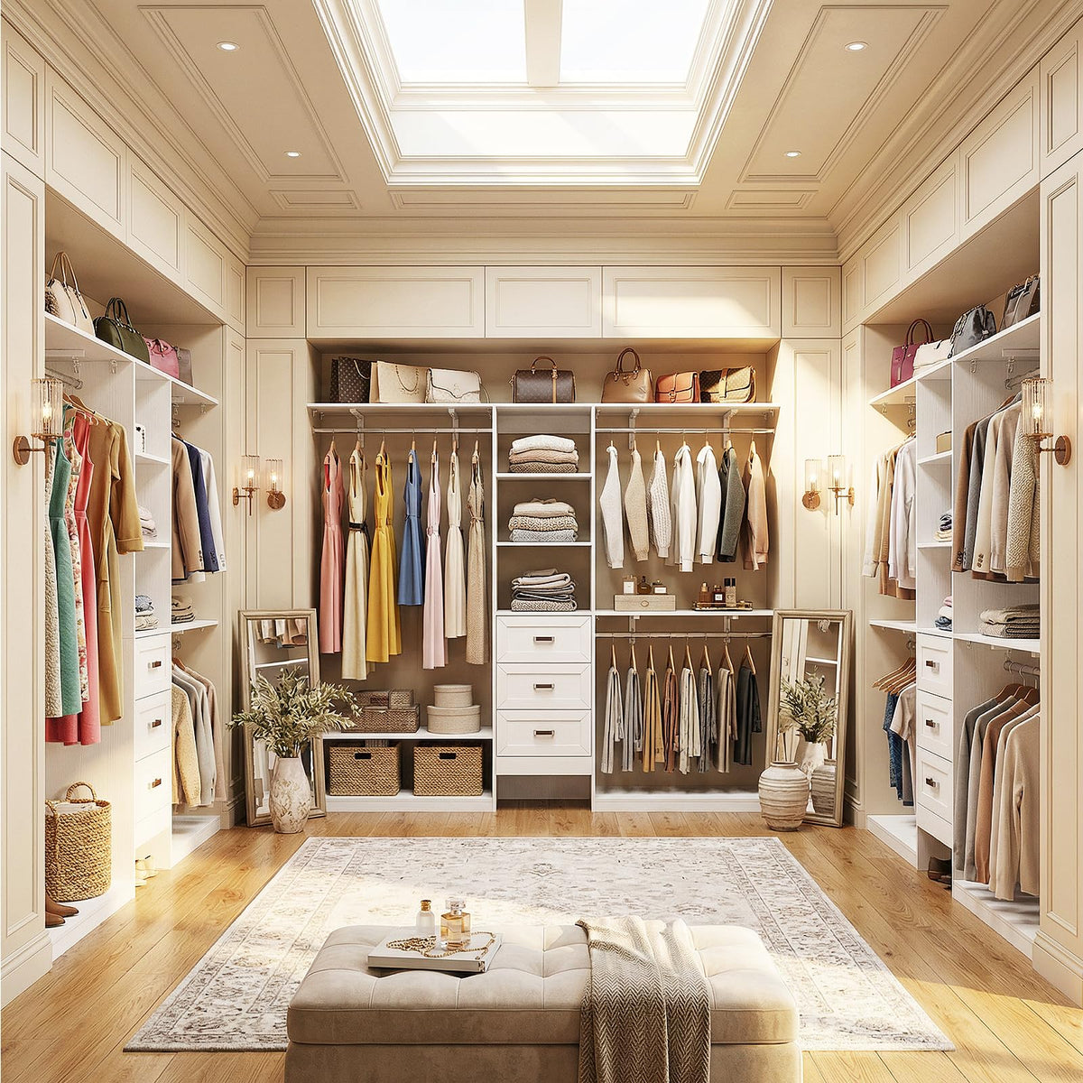 8FT White Wooden Closet System with 3 Drawers and 3 Hanging Rods Q150