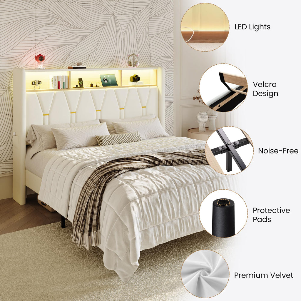Full Size Bed Frame with 2-Tier Storage Headboard C40089