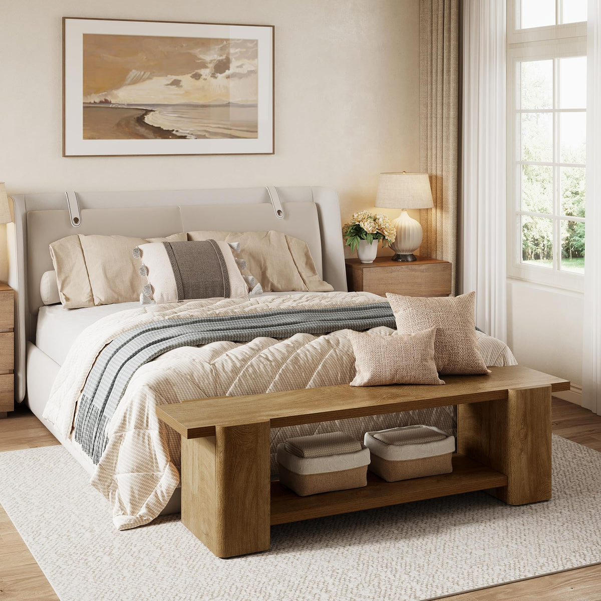 Wood Storage Bench with Shelf L3812