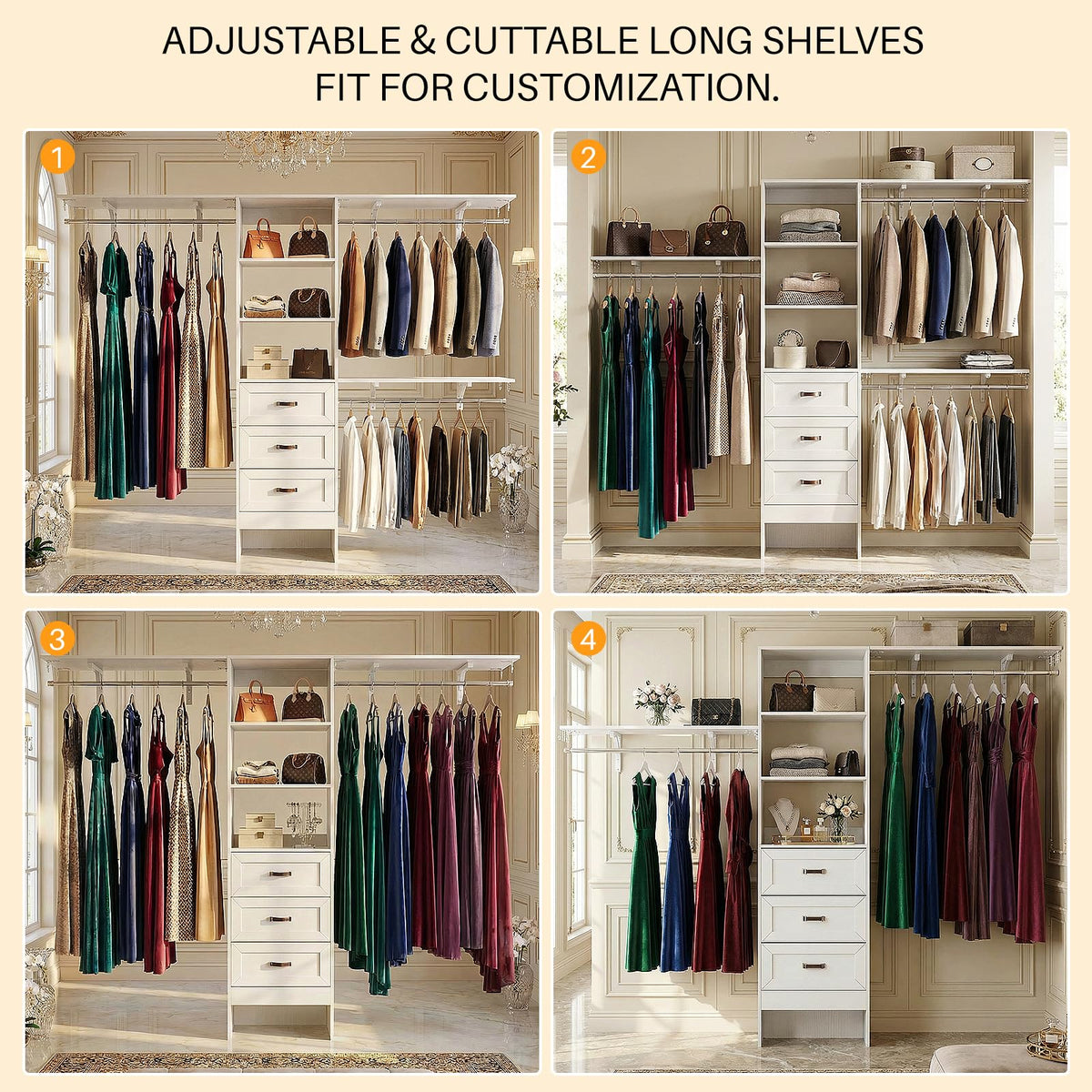8FT White Wooden Closet System with 3 Drawers and 3 Hanging Rods Q150