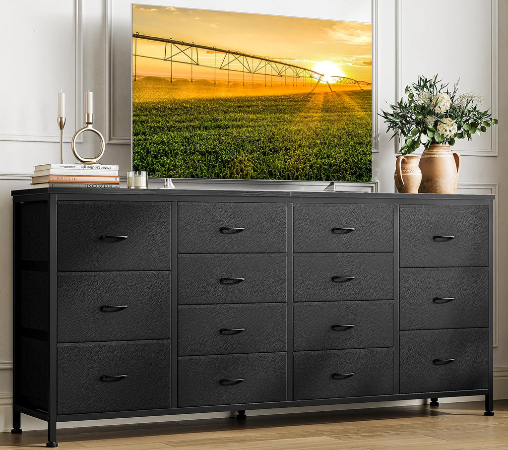 63 Inch TV Stand with 14 Fabric Drawers, Black Y694406
