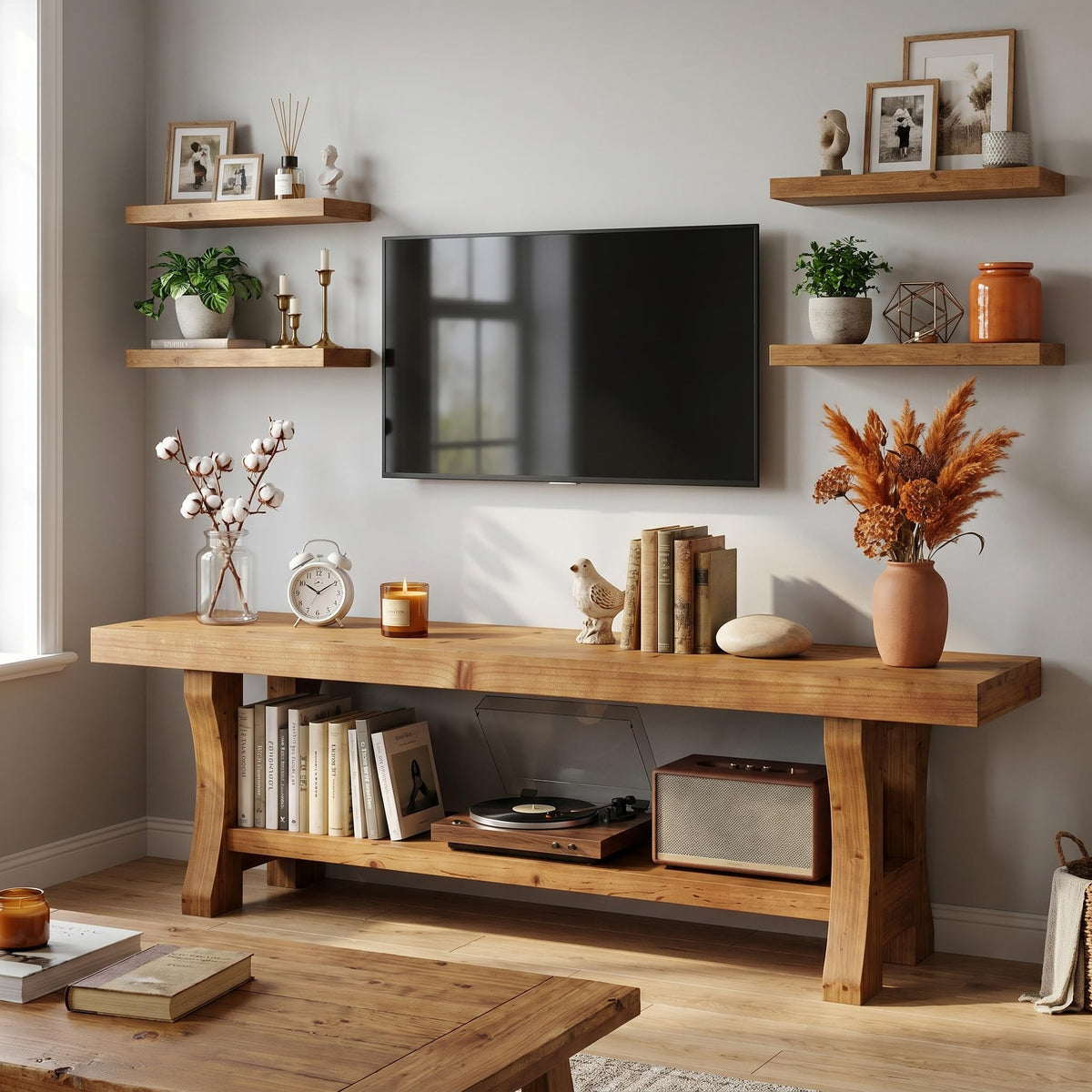 Brown Solid Wood 2-Tier TV Stand O300