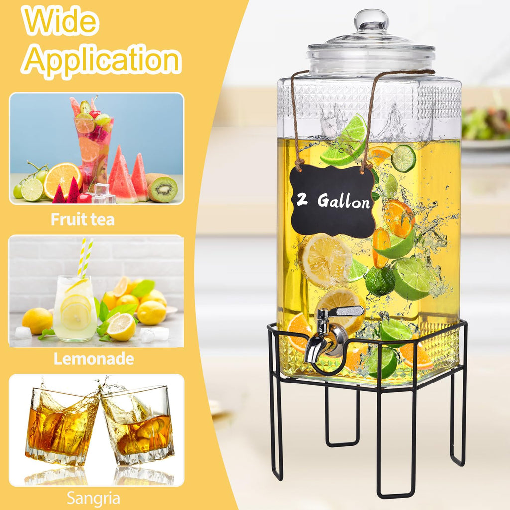2 Gallon Glass Drink Dispenser with Stand and Glass Lid V9194