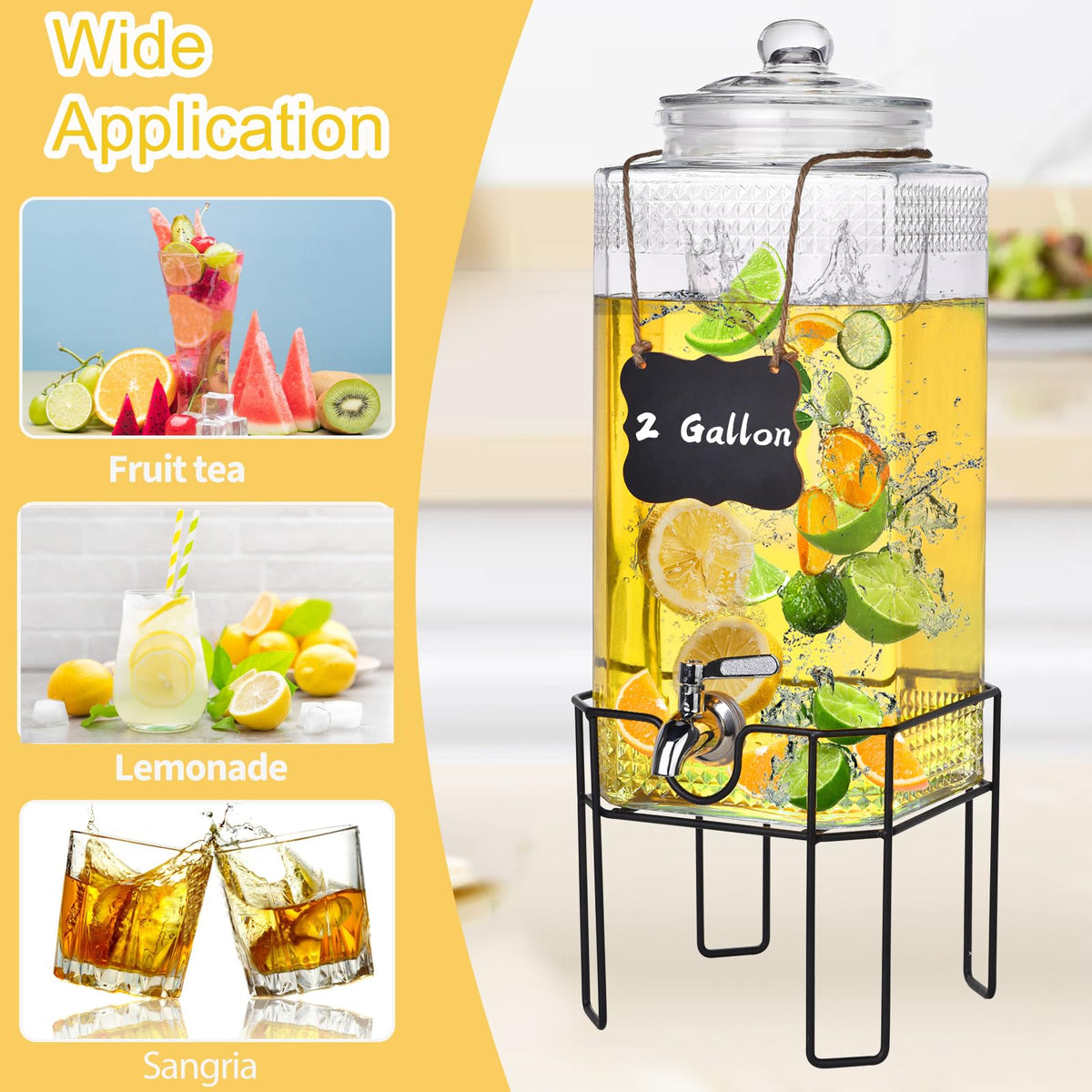 2 Gallon Glass Drink Dispenser with Stand and Glass Lid V9194