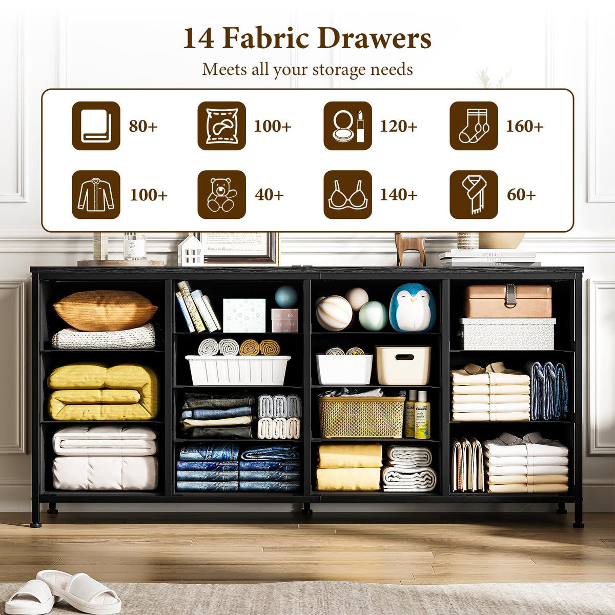 63 Inch TV Stand with 14 Fabric Drawers, Black Y694406