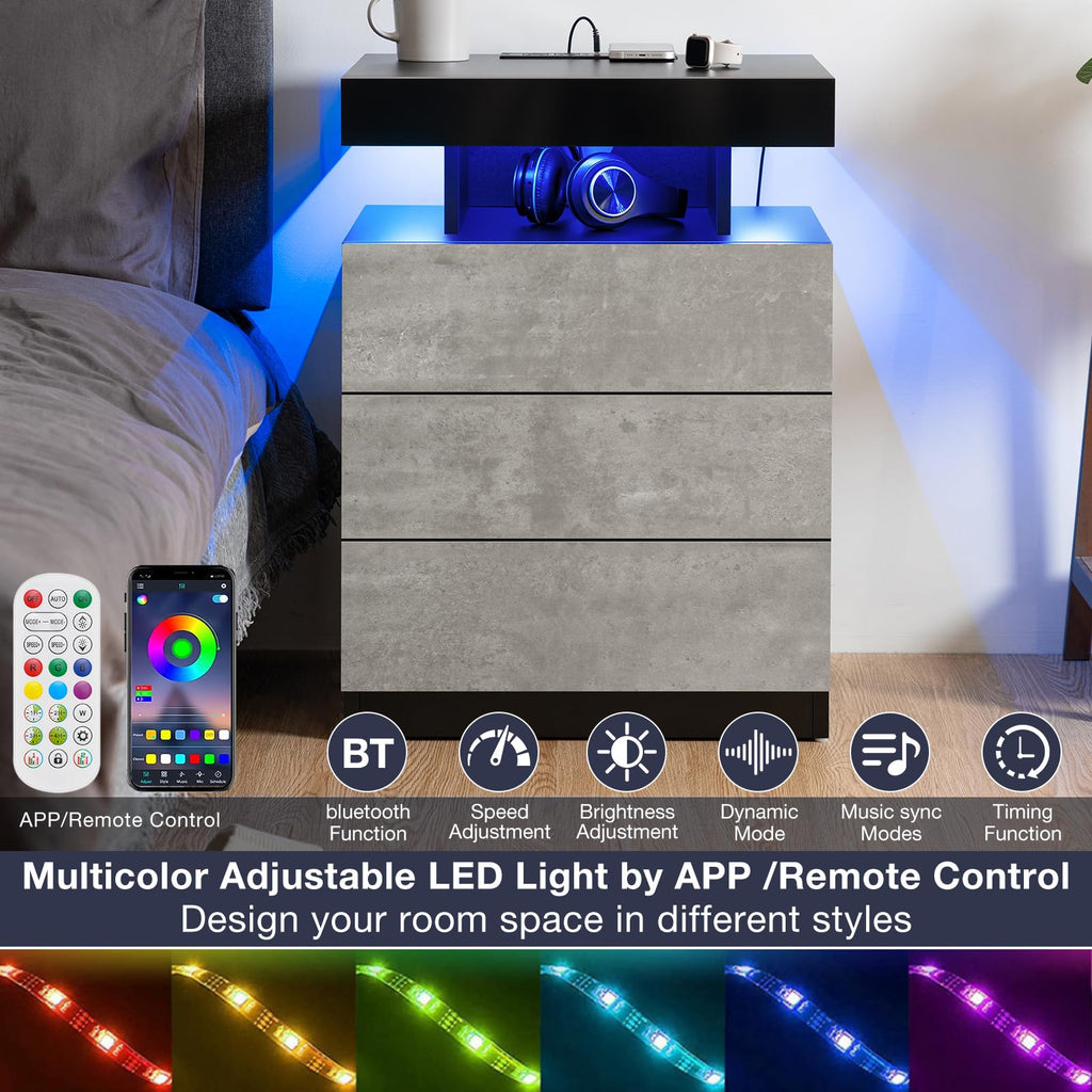 LED Nightstand with Wireless Charging Station & USB Ports, 3 Drawer High Gloss Gray C345111
