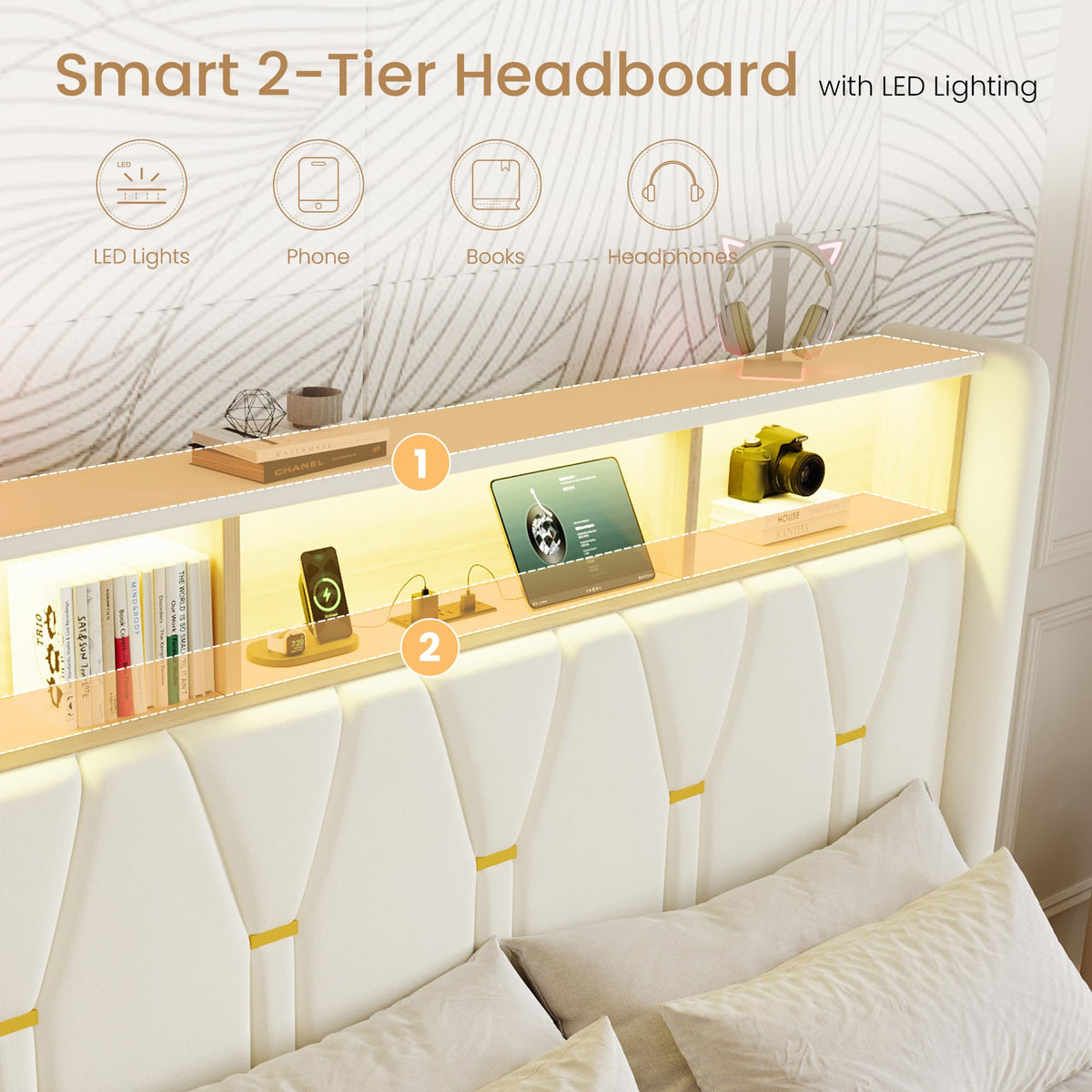 Full Size Bed Frame with 2-Tier Storage Headboard C40089