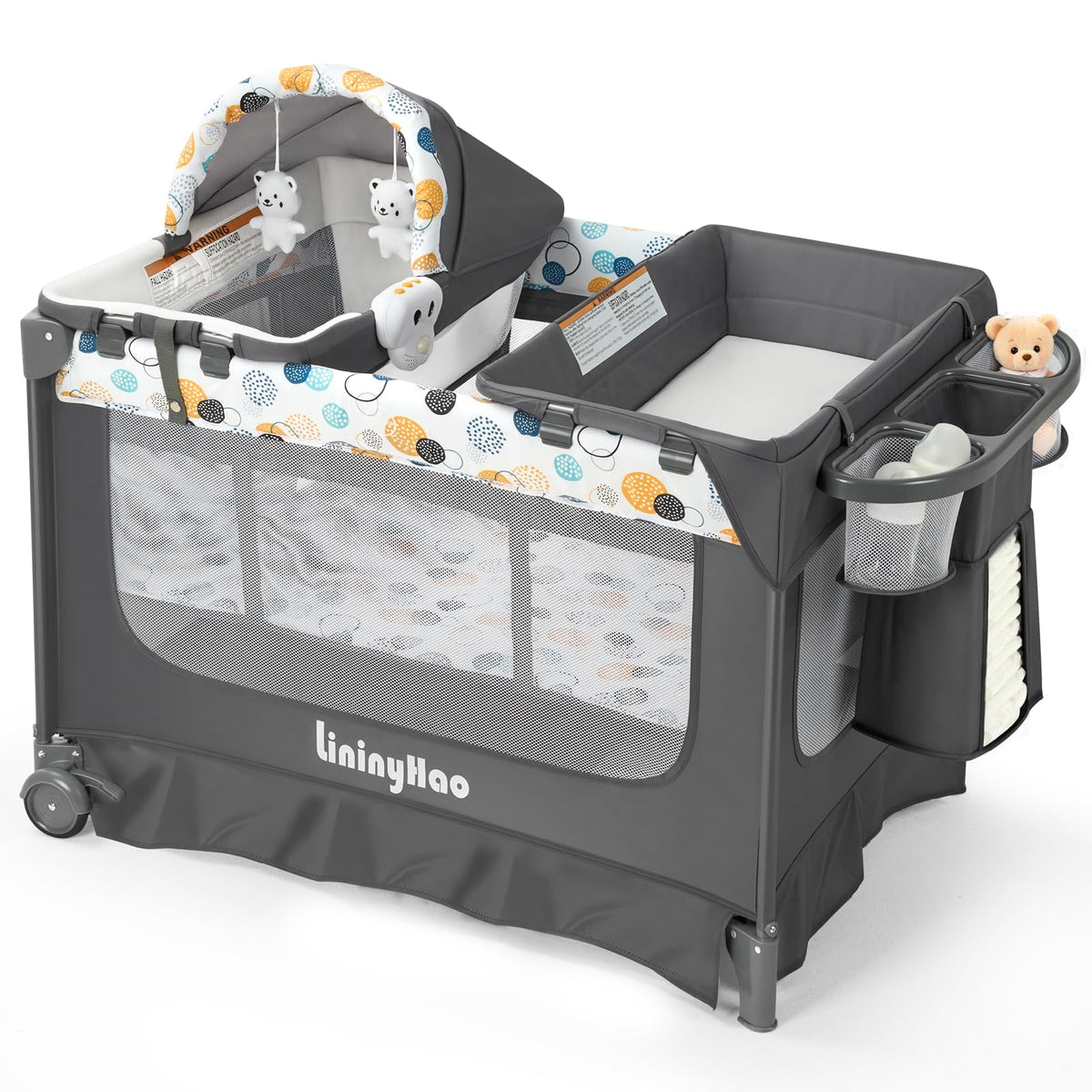 5-in-1 Pack and Play with Bassinet, Changing Table and Mat, Gray Q30341