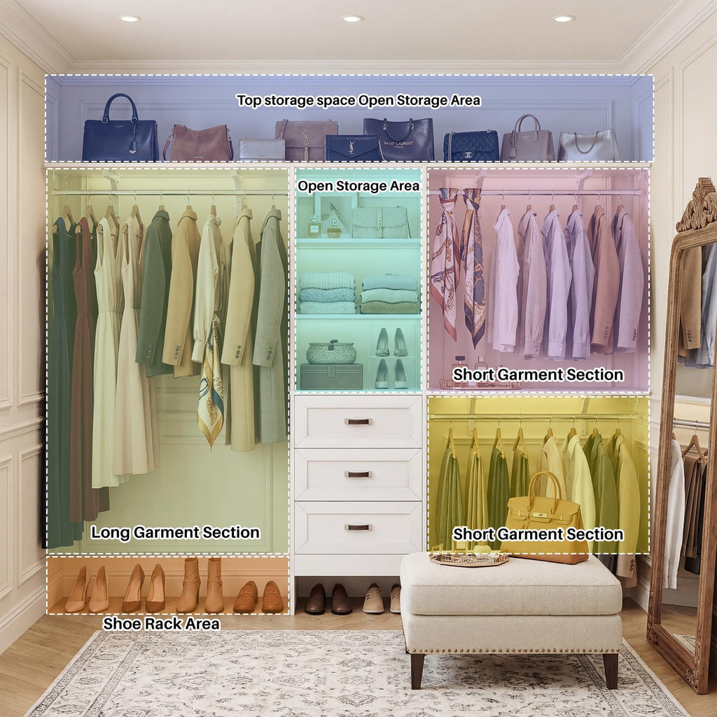 8FT White Wooden Closet System with 3 Drawers and 3 Hanging Rods Q150