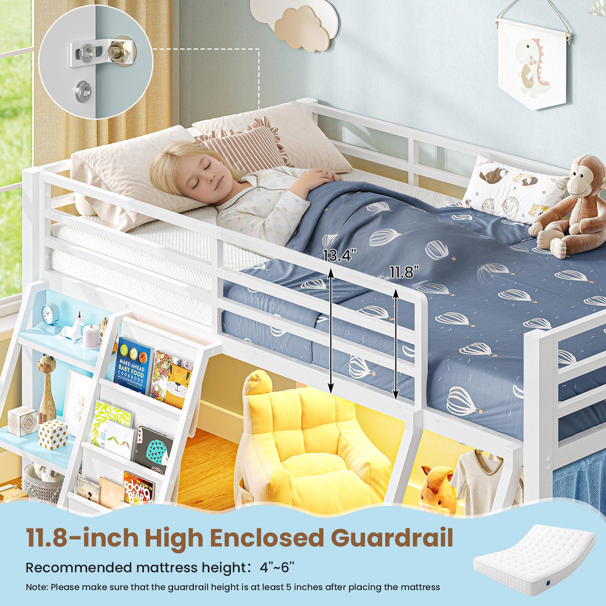 White & Blue Twin Loft Bed with 7 Storage Drawers W45122