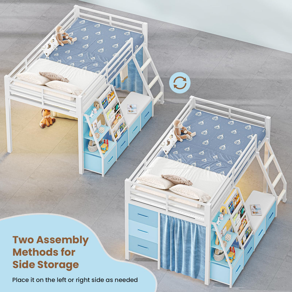 White & Blue Twin Loft Bed with 7 Storage Drawers W45122