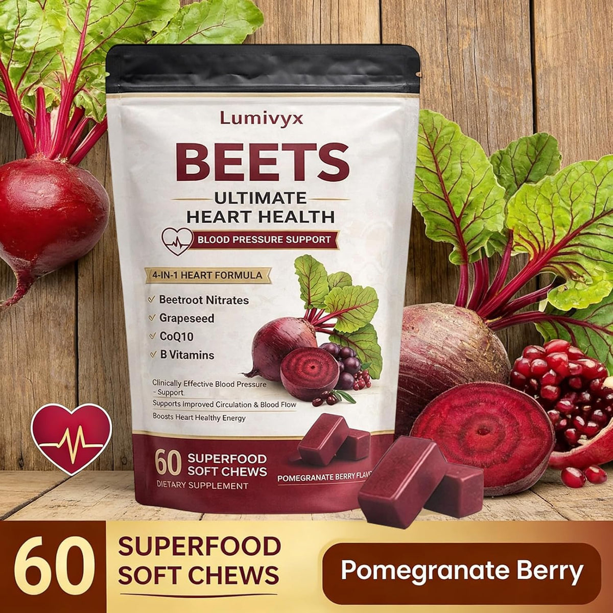 Beet Root Chews, Pomegranate Berry Flavor, 60 Chews K4990