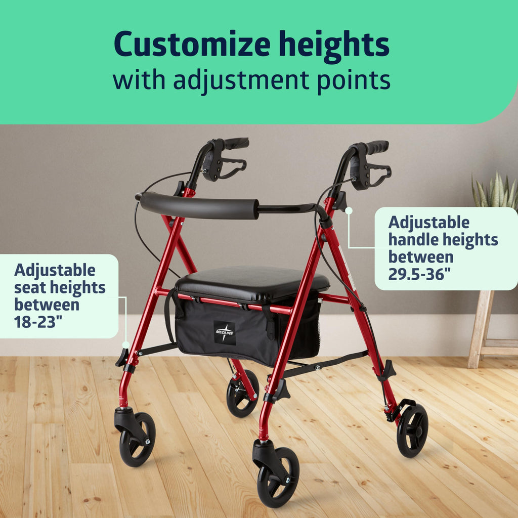 Lightweight Folding Aluminum Rollator Walker with 6-inch Wheels, Adjustable Seat and Arms, Burgundy U2538