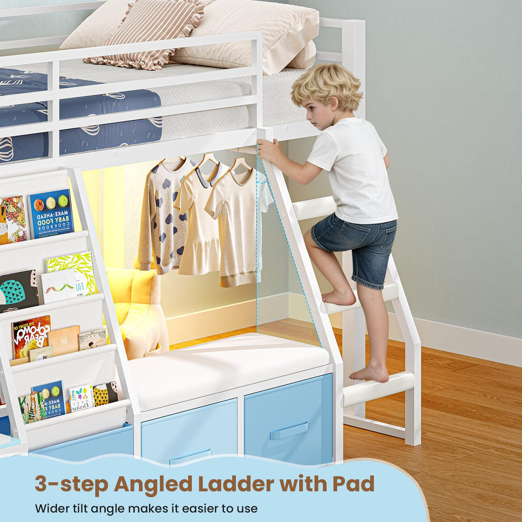 White & Blue Twin Loft Bed with 7 Storage Drawers W45122