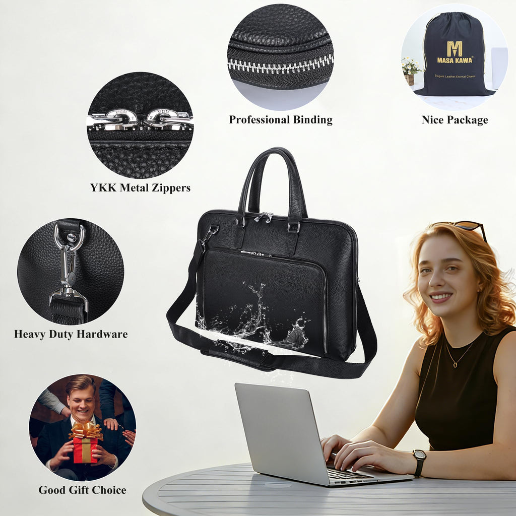 Black Leather 16" Laptop Briefcase Bag B472