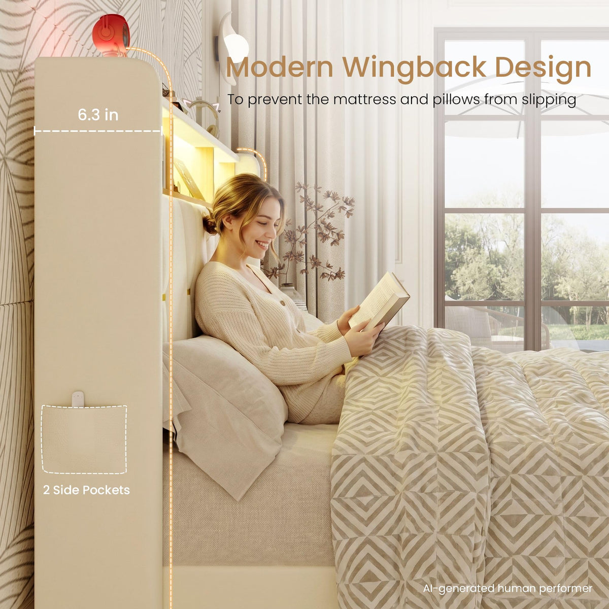 Full Size Bed Frame with 2-Tier Storage Headboard C40089