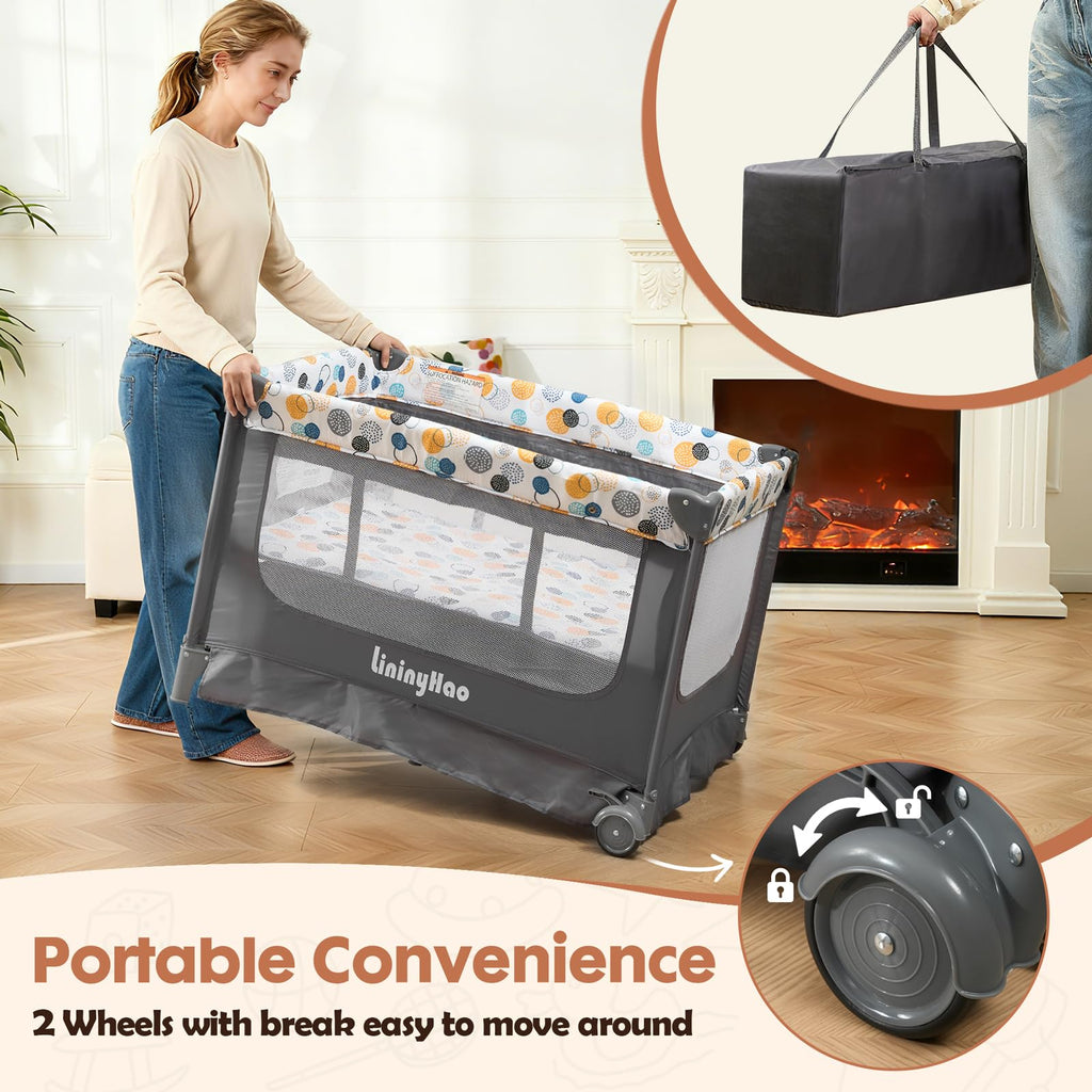 5-in-1 Pack and Play with Bassinet, Changing Table and Mat, Gray Q30341