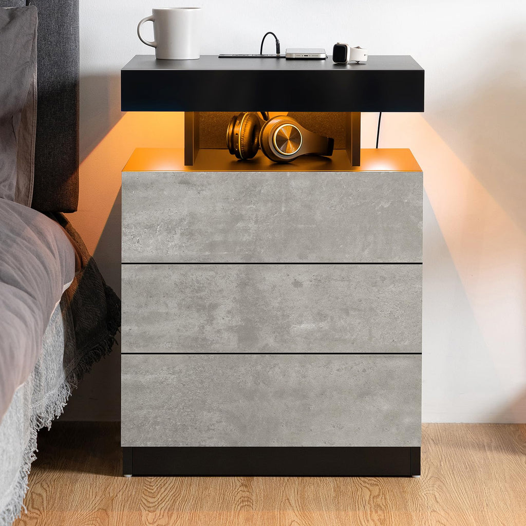 LED Nightstand with Wireless Charging Station & USB Ports, 3 Drawer High Gloss Gray C345111