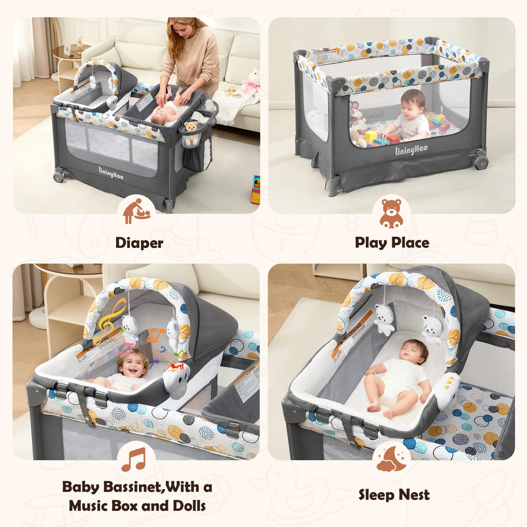 5-in-1 Pack and Play with Bassinet, Changing Table and Mat, Gray Q30341